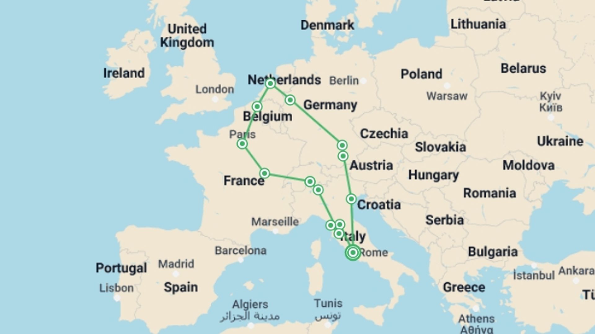 A map showing the tour itinerary for the trip: Europe Escape, starting in Rome, Italy and ending in Rome, Italy going through 9 other destinations.
