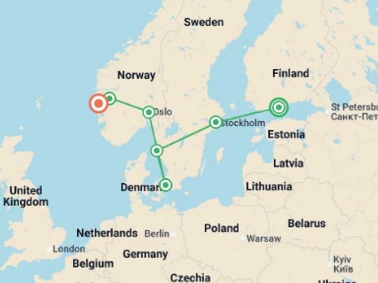 Map of a Adventure and sport Tour with 7 destination visits for the trip: Scandinavia: Hygge & Nordic History