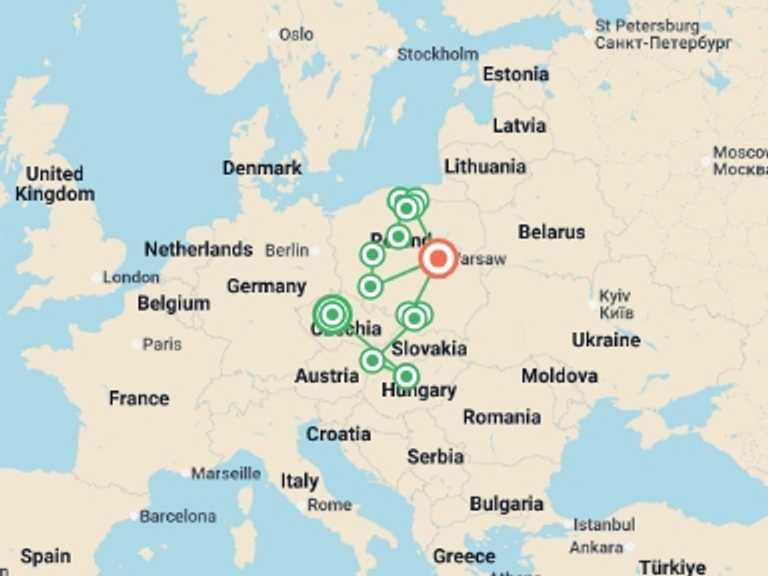 Map itinerary of Krakow Tour in April 2026 with 6 destination visits for the trip: Czech Republic, Budapest, and Tour of Northern Poland