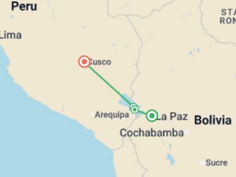 Map of Cusco Adventure Tour with 4 destination visits for the trip: Lake Titicaca & Isla del Sol Explorer 3D/2N (La Paz to Cuzco)