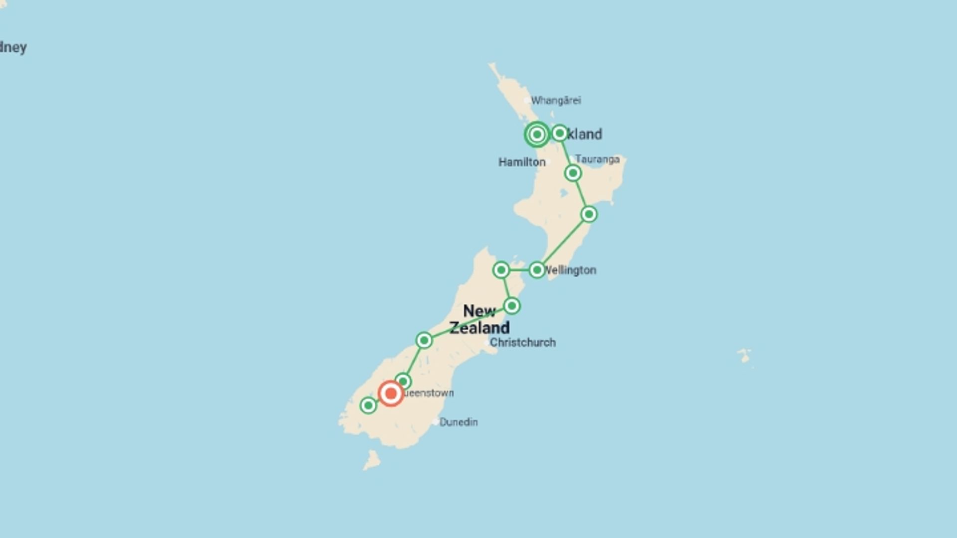 A map showing the tour itinerary for the trip: Enchanting New Zealand - 17 days, starting in Auckland, New Zealand and ending in Queenstown, New Zealand going through 9 other destinations.