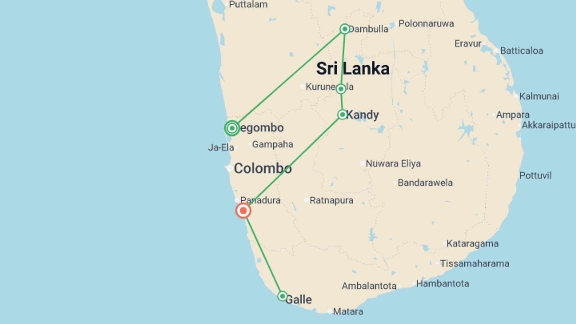 A map showing the tour itinerary for the trip: Amazing Sri Lanka, starting in Negombo, Sri Lanka and ending in Wadduwa, Sri Lanka going through 2 other destinations.