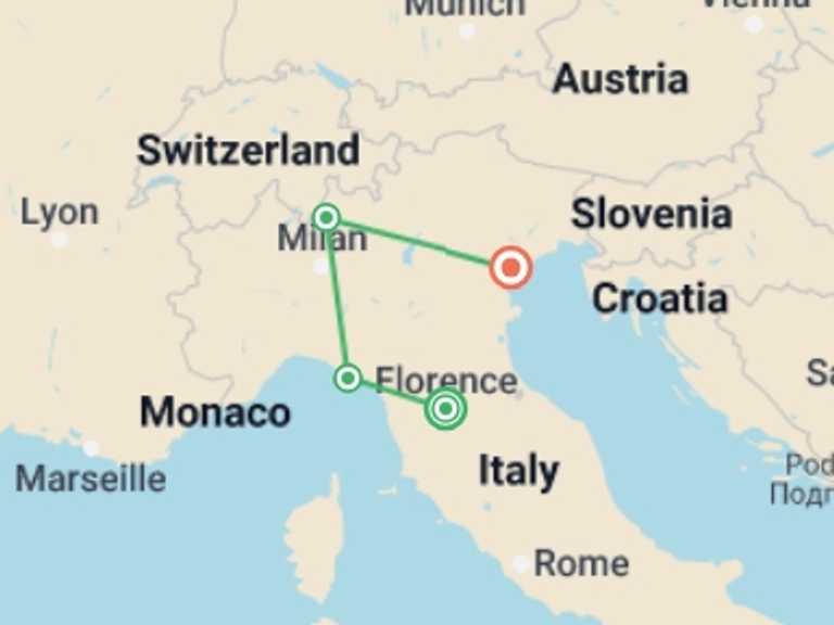 Map itinerary of Venice Tour in September 2026 with 4 destination visits for the trip: Best of Northern Italy: Florence to Venice