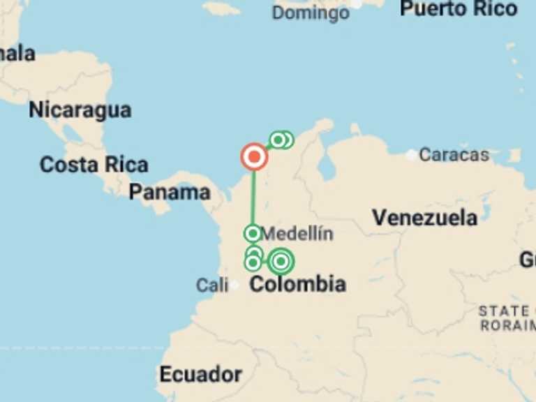 Map itinerary of Colombia Tour in August 2027 with 7 destination visits for the trip: Best of Colombia