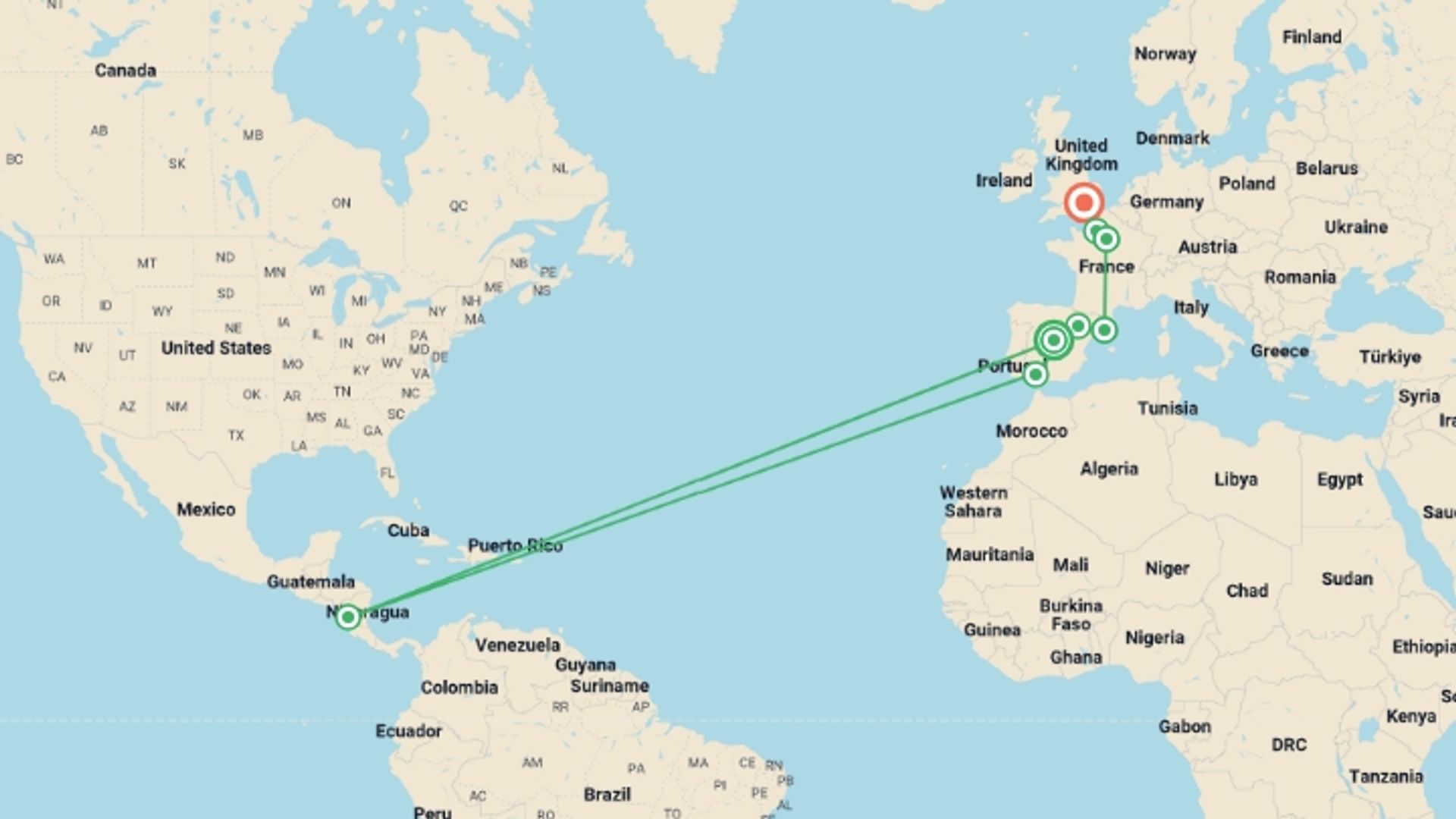 A map showing the tour itinerary for the trip: European Grandeur GO, starting in Madrid, Spain and ending in London, England going through 6 other destinations.