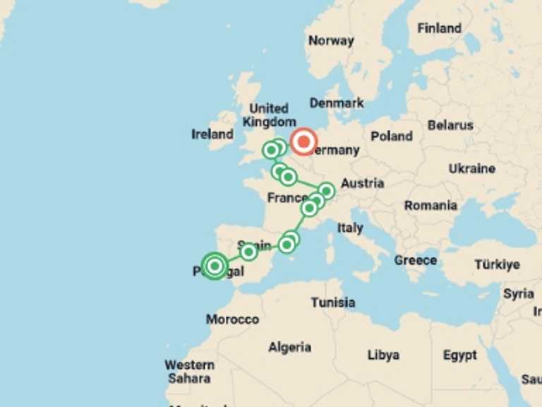 Map of Europe Tour with 12 destination visits for the trip: Highlights from the Old Continent