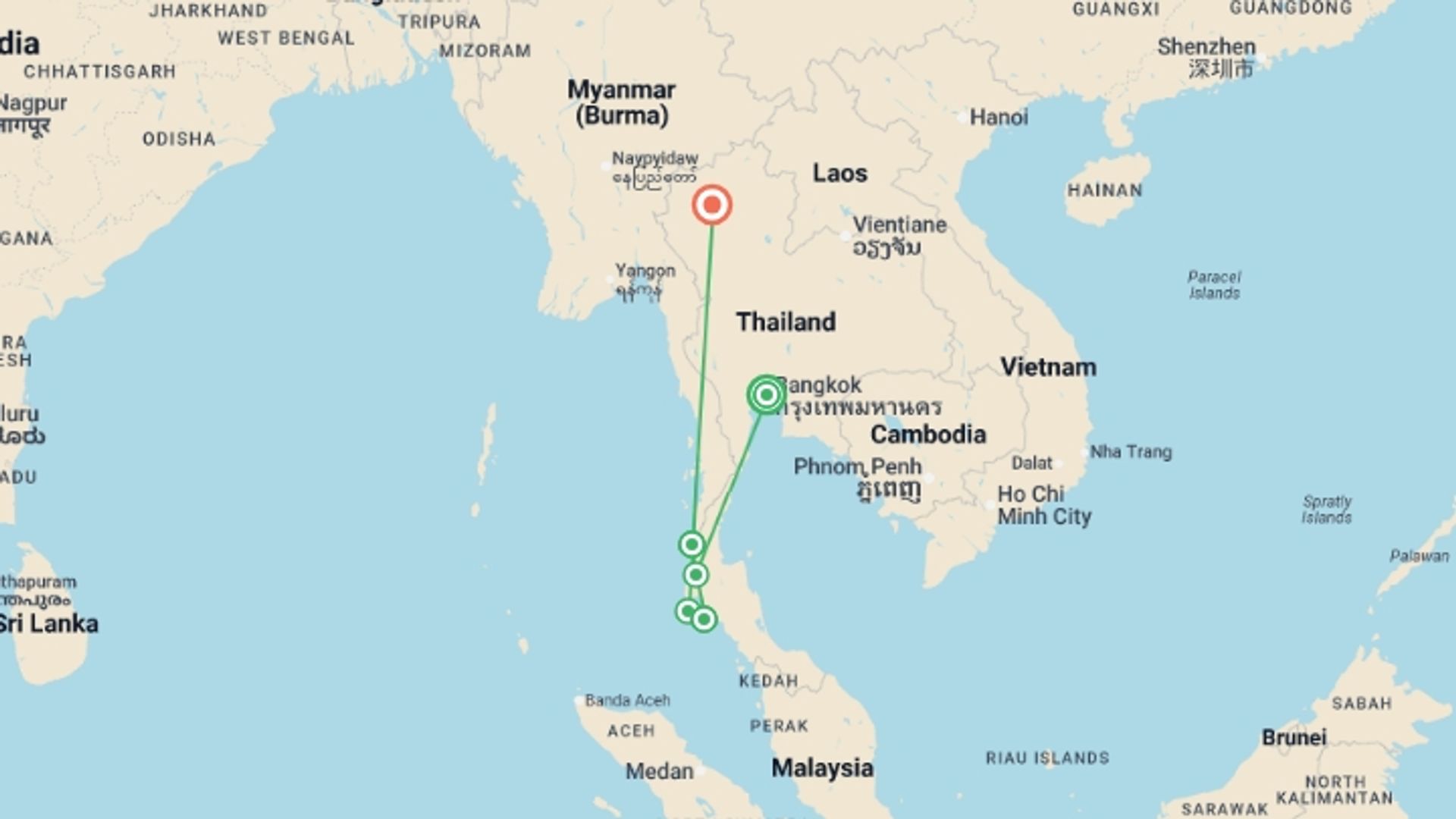 A map showing the tour itinerary for the trip: Bangkok, Beach & Chiang Mai - 18 days, starting in Bangkok, Thailand and ending in Chiang Mai, Thailand going through 4 other destinations.
