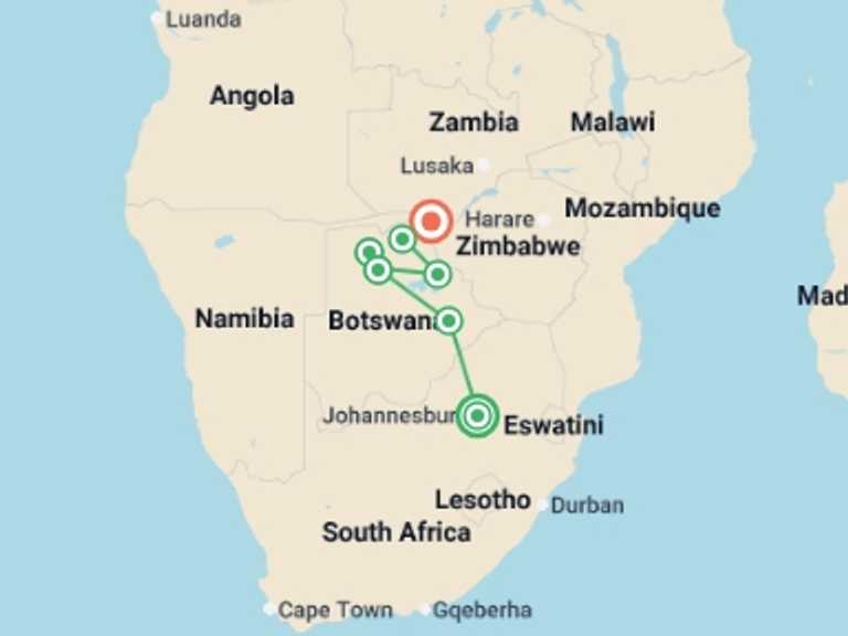 Map of 10-Day Africa Tour with 7 destination visits for the trip: Okavango Experience