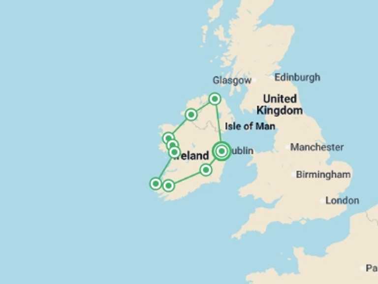 Map of Ireland Tour with 9 destination visits for the trip: Ireland Coast to Coast - 9 days