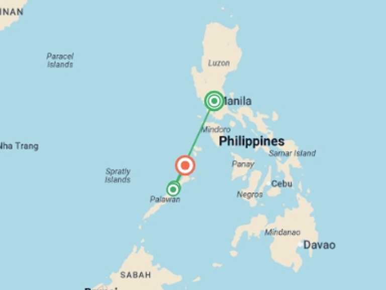 Map of 8-Day South East Asia Tour with 4 destination visits for the trip: Philippines Palawan Island Getaway