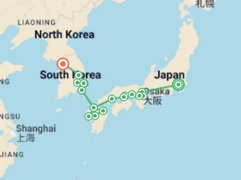 Map itinerary of Asia Tour in July 2026 with 12 destination visits for the trip: Tokyo, Kyoto, Southern Japan