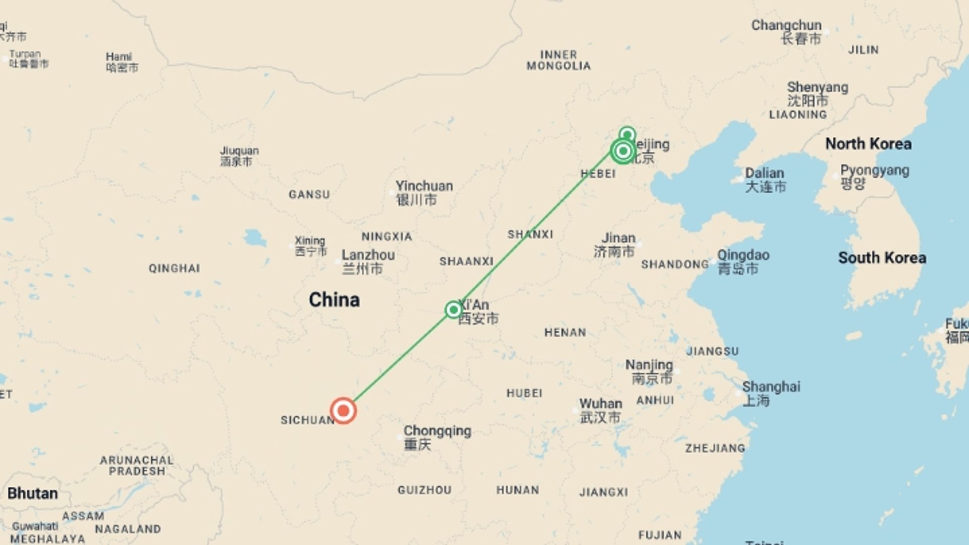 A map showing the tour itinerary for the trip: Ancient China, starting in Beijing, China and ending in Chengdu, China going through 4 other destinations.
