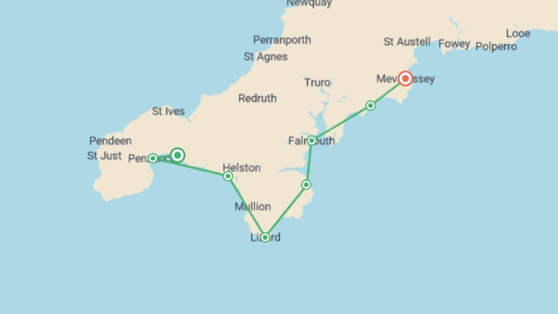 A map showing the tour itinerary for the trip: South West Coast Path: Penzance to Mevagissey - 8 Days, starting in Marazion, England and ending in Mevagissey, England going through 6 other destinations.