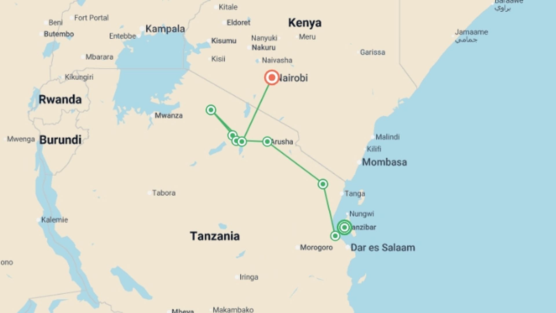 A map showing the tour itinerary for the trip: Zanzibar to Nairobi, starting in Zanzibar, Tanzania and ending in Nairobi, Kenya going through 7 other destinations.