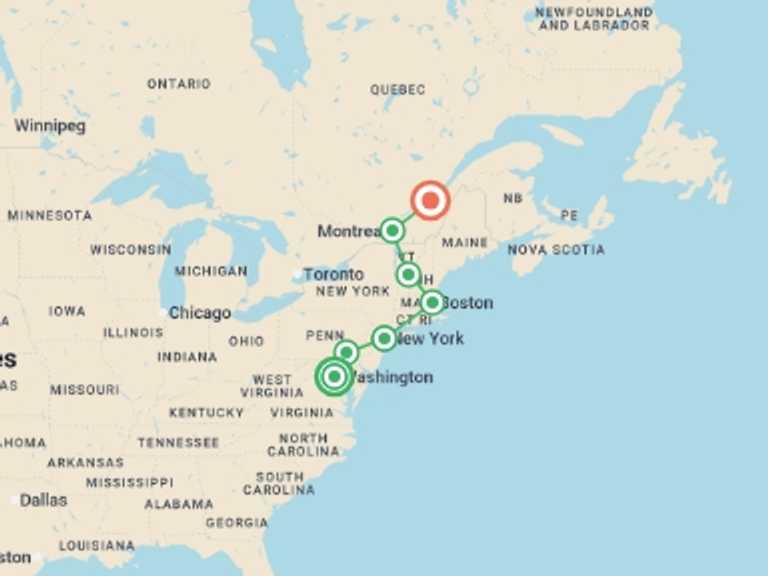 Map of New York Cultural, religious and historic sites Tour with 5 destination visits for the trip: Touring the East Coast from Washington