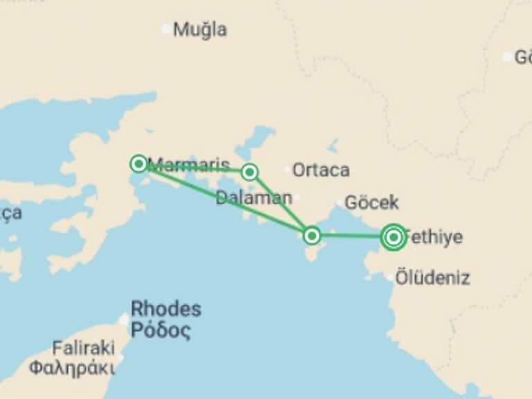 Map itinerary of Europe Tour in May 2026 with 5 destination visits for the trip: Azure Blue - Fethiye / Marmaris