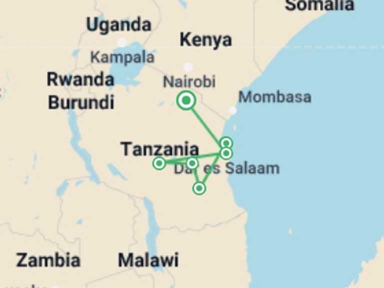 Map itinerary of Dar Es Salaam Tour in January 2027 with 7 destination visits for the trip: The Best of Tanzania Southern Circuit Safari
