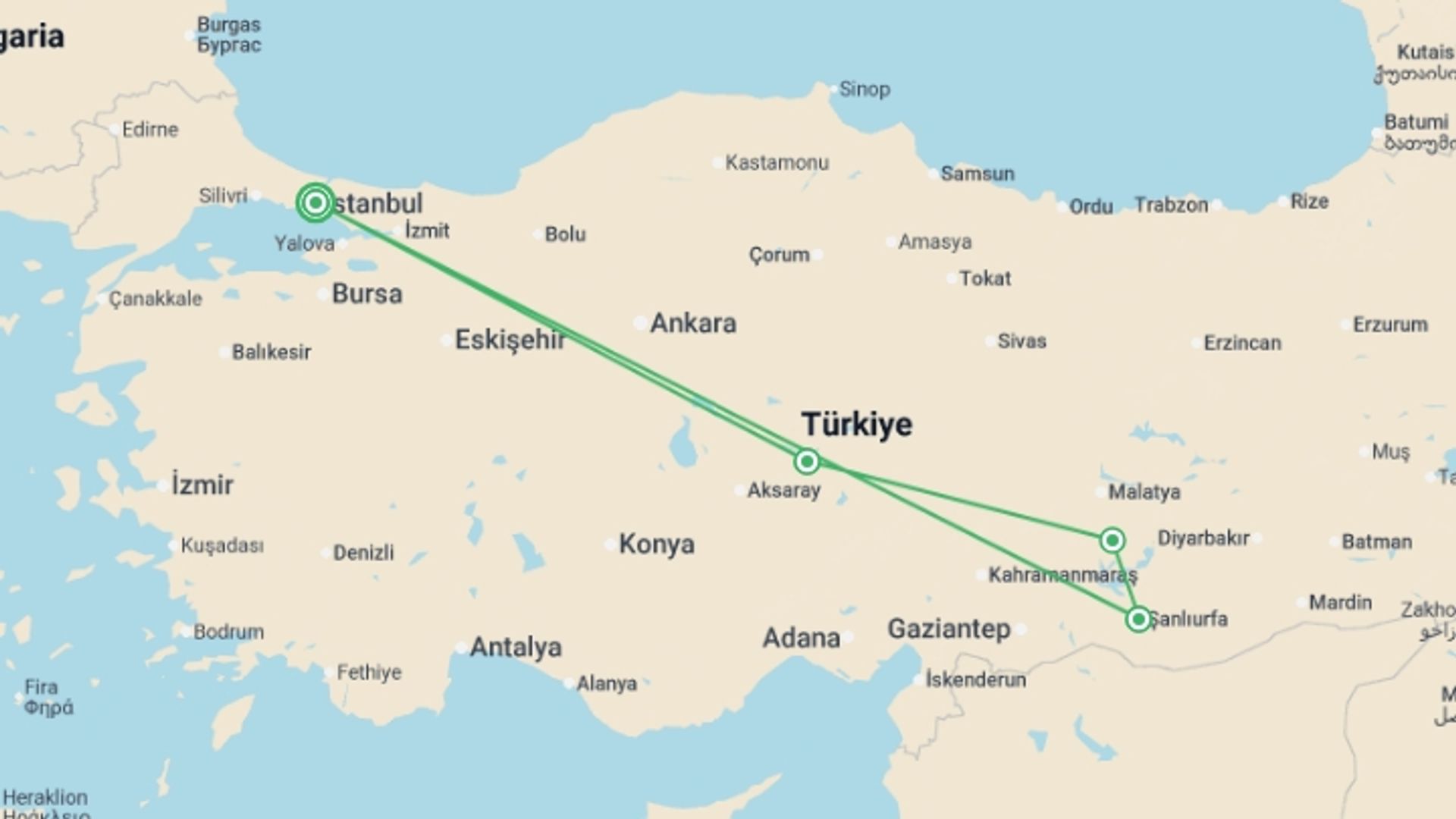 A map showing the tour itinerary for the trip: Eastern Turkey Encounters, starting in Istanbul, Turkey and ending in Istanbul, Turkey going through 3 other destinations.