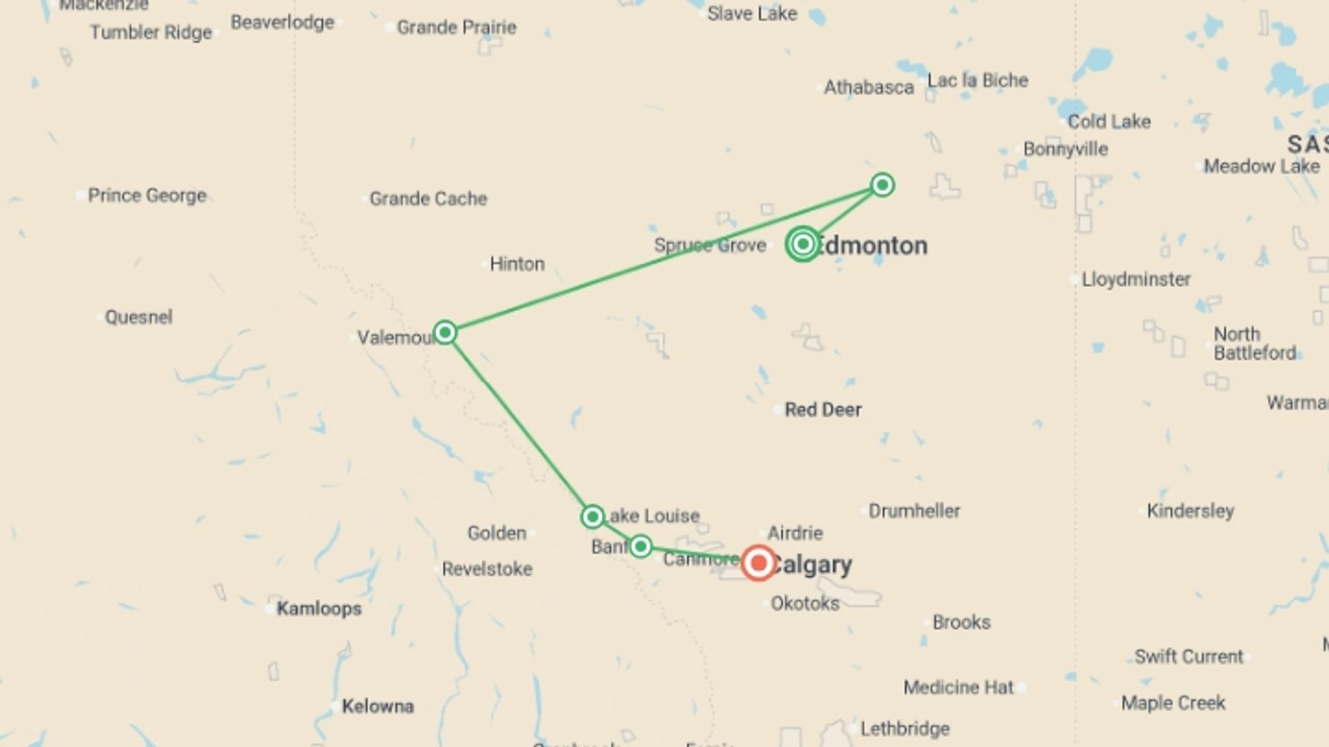 A map showing the tour itinerary for the trip: Signature: Canada's Rocky Mountains, Banff & Indigenous Traditions, starting in Edmonton, Canada and ending in Calgary, Canada going through 4 other destinations.