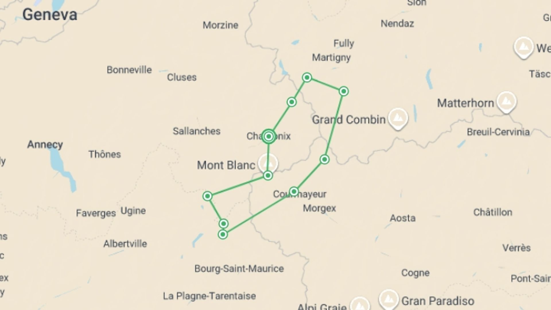 A map showing the tour itinerary for the trip: Mont Blanc Self Guided Hike, starting in Chamonix, France and ending in Chamonix, France going through 7 other destinations.
