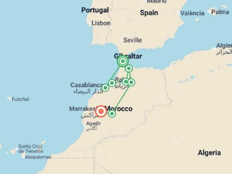 Map itinerary of Africa Tour in September 2026 with 7 destination visits for the trip: Imperial Morocco & the Blue City from Tangier - 9 days