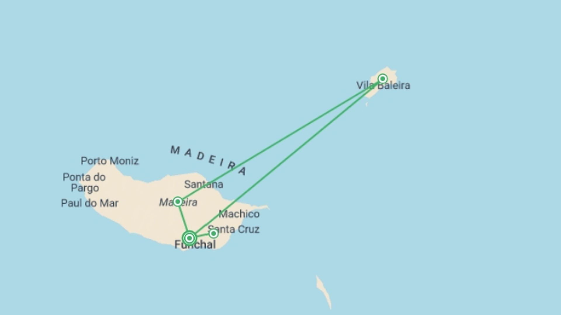 A map showing the tour itinerary for the trip: Madeira Island Discovery - Winter, starting in Funchal, Portugal and ending in Funchal, Portugal going through 3 other destinations.