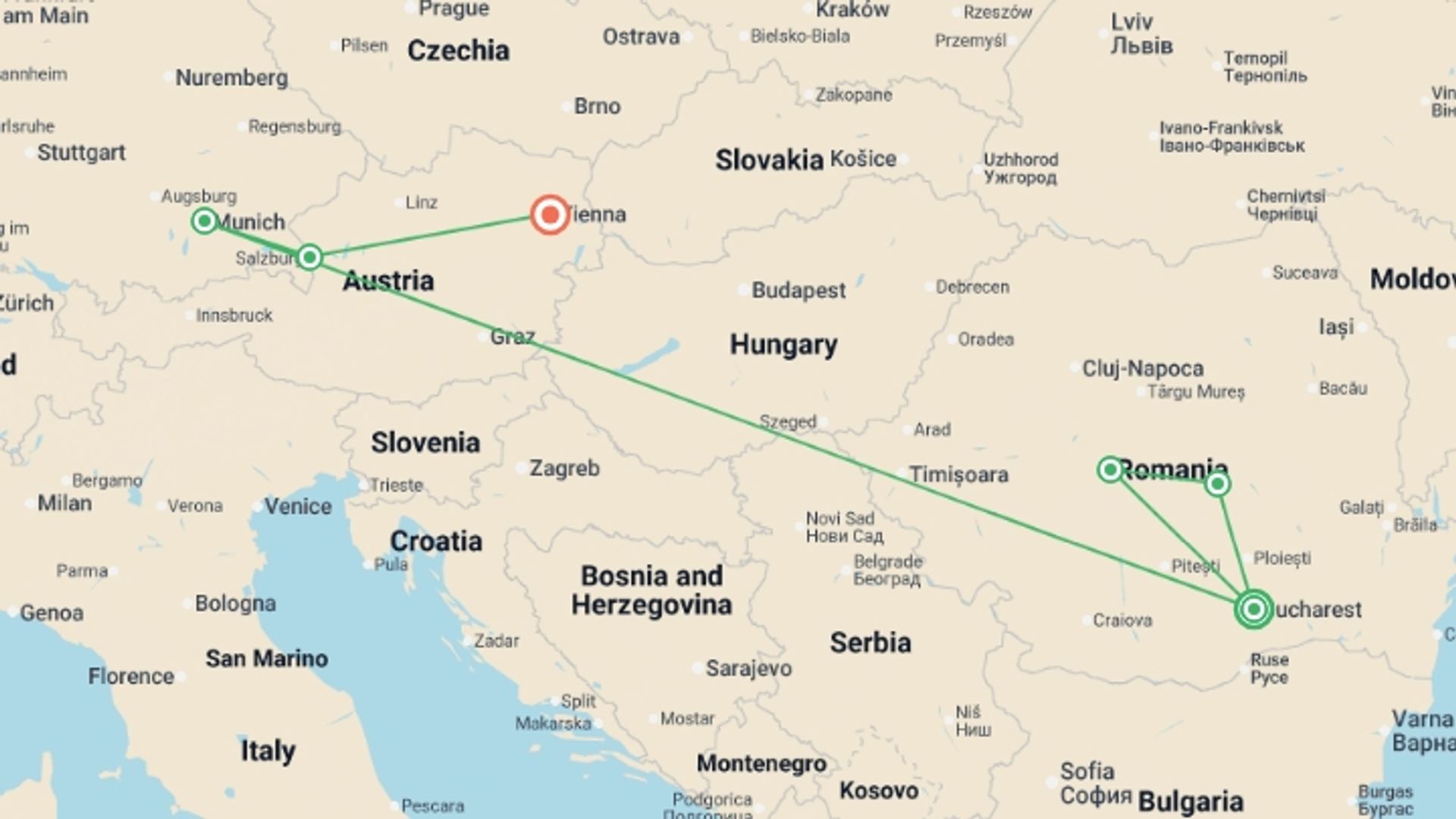 A map showing the tour itinerary for the trip: Amazing Christmas Markets: Bucharest to Vienna, starting in Bucharest, Romania and ending in Vienna, Austria going through 4 other destinations.