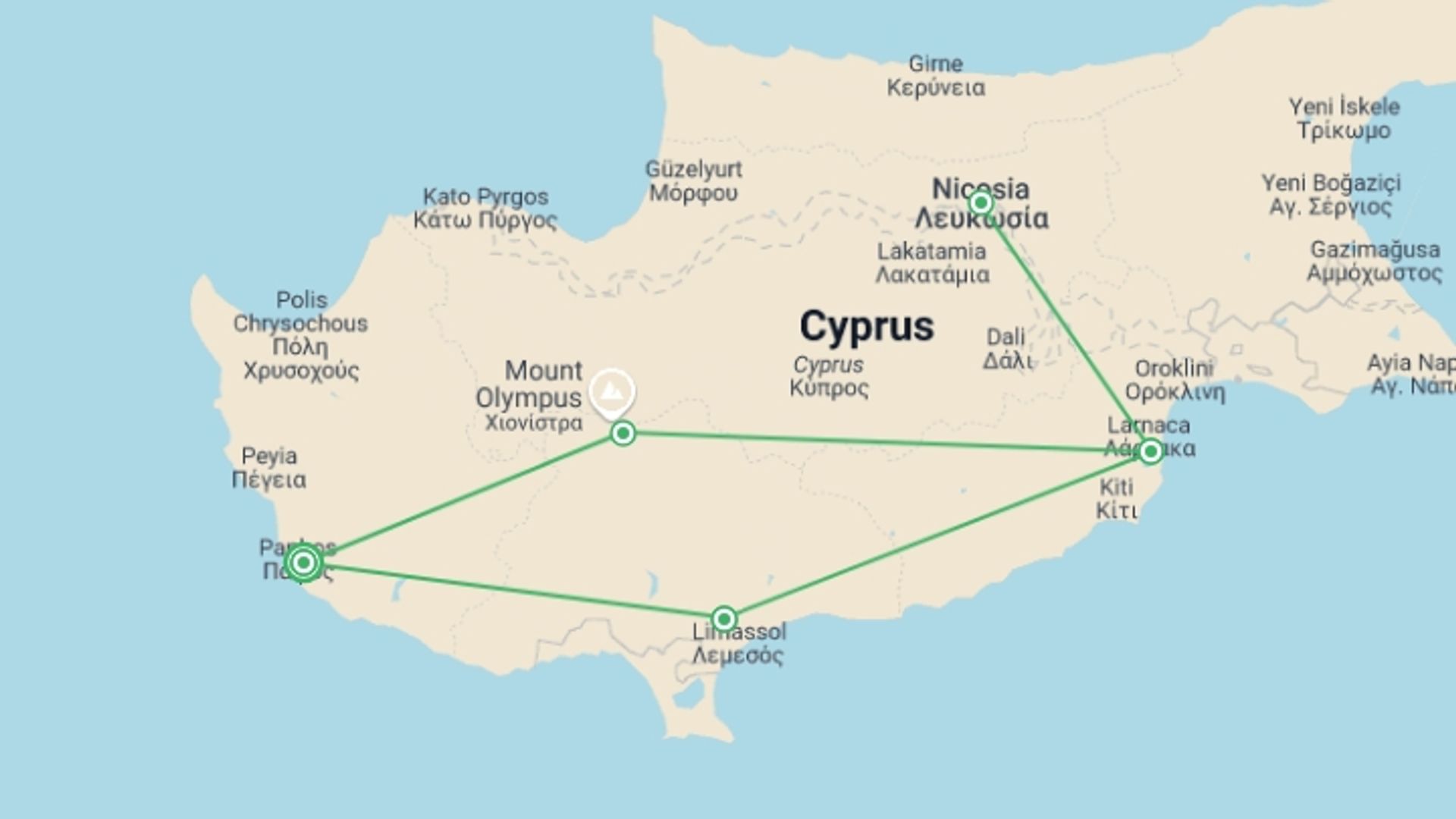 A map showing the tour itinerary for the trip: Explore Cyprus 8 Days, Self-drive, starting in Paphos, Cyprus and ending in Paphos, Cyprus going through 3 other destinations.