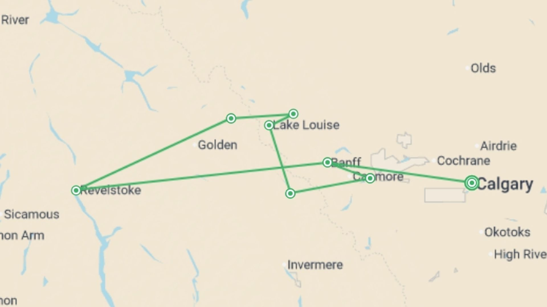 A map showing the tour itinerary for the trip: Walking in the Canadian Rockies, starting in Calgary, Canada and ending in Calgary, Canada going through 7 other destinations.
