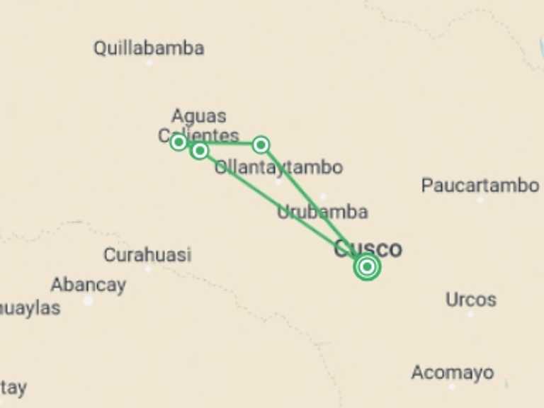 Map of a Zip lining Tour with 3 destination visits for the trip: Three-Day Inca Jungle Trail to Machu Picchu