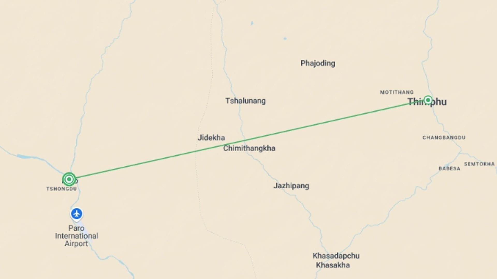 A map showing the tour itinerary for the trip: Glimpse of Bhutan, starting in Paro, Bhutan and ending in Paro, Bhutan going through 1 other destinations.