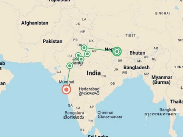 Map of 13-Day New Delhi Tour with 7 destination visits for the trip: Majestic Nepal and India Luxury Tour