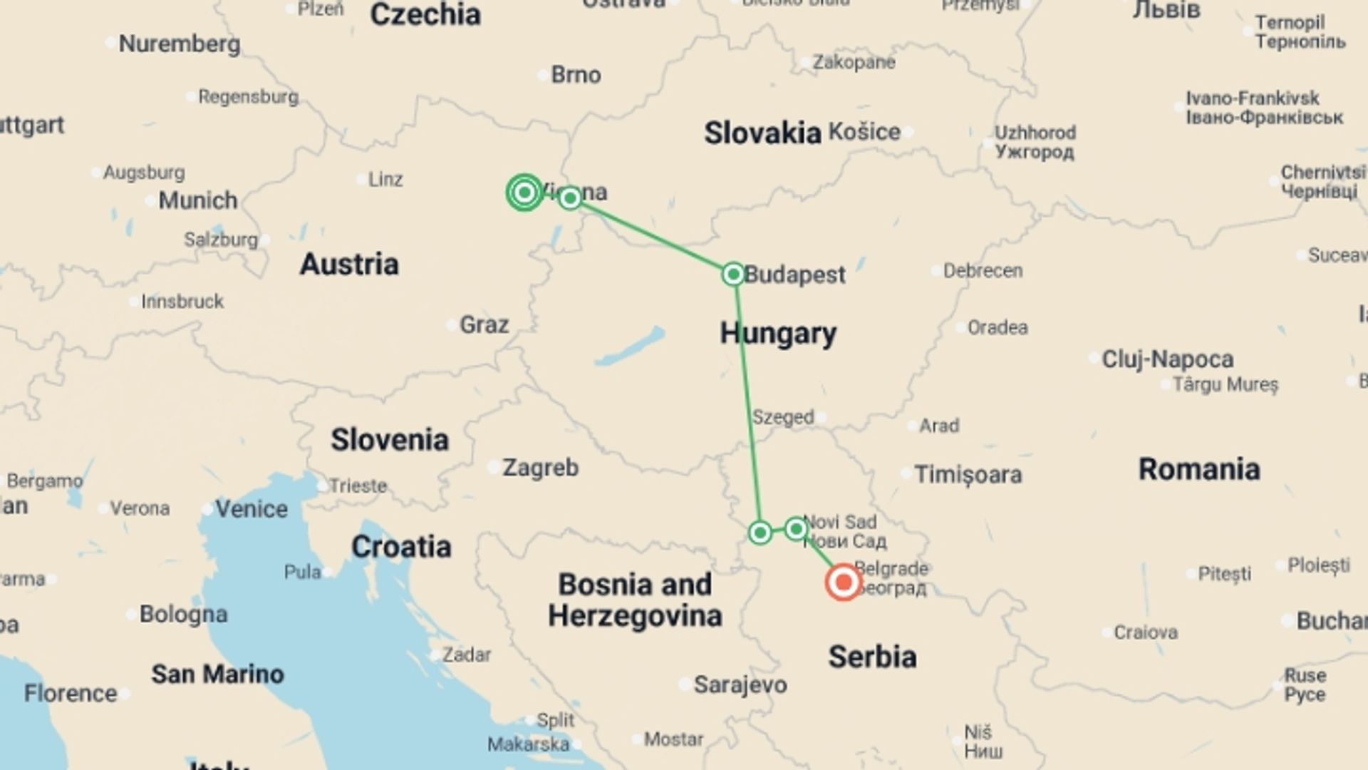 A map showing the tour itinerary for the trip: Vienna & Capital Cities of the Danube (2027), starting in Vienna, Austria and ending in Belgrade, Serbia going through 4 other destinations.