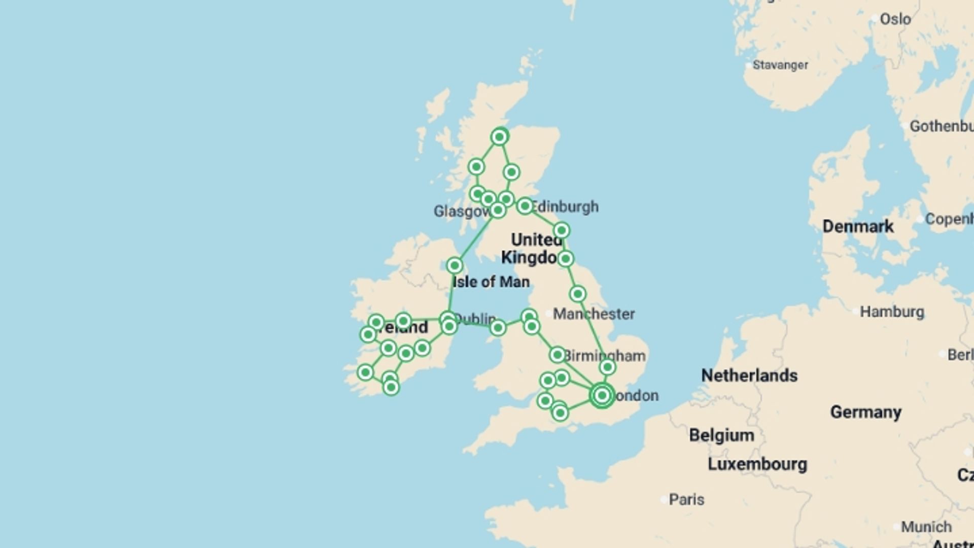 A map showing the tour itinerary for the trip: London, the Highlands, Ireland, and Southern England, starting in London, England and ending in London, England going through 11 other destinations.
