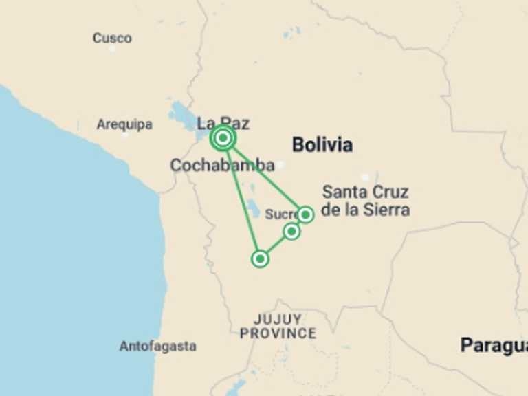 Map of Uyuni Natural landmarks sightseeing Tour with 4 destination visits for the trip: Journeys: Highlights of Bolivia