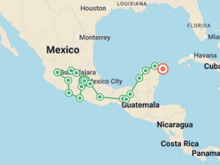 Map of North America Tour with 17 destination visits for the trip: Mexico: From the Pacific to the Caribbean