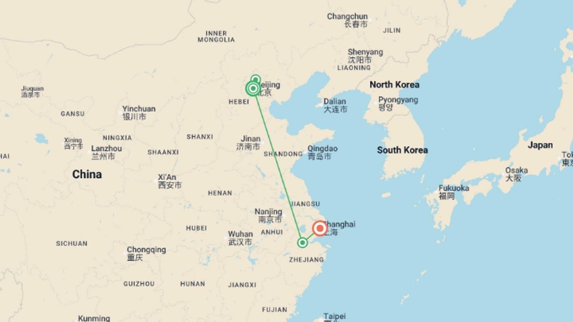 A map showing the tour itinerary for the trip: Beijing to Shanghai Express - 10 days, starting in Beijing, China and ending in Shanghai, China going through 2 other destinations.