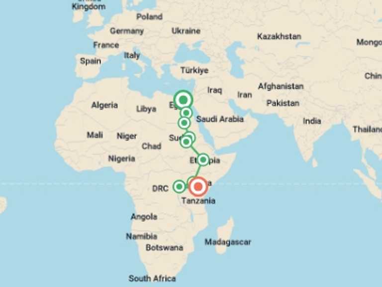 Map of a Overland Journeys Tour with 11 destination visits for the trip: Cairo To Nairobi (64 Days) Nile Trans