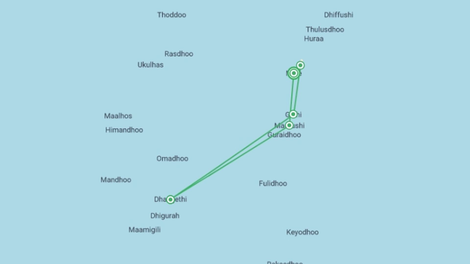 A map showing the tour itinerary for the trip: Maldives Whale Shark Conservation Cruise - 8 days, starting in Male, Maldives and ending in Male, Maldives going through 4 other destinations.