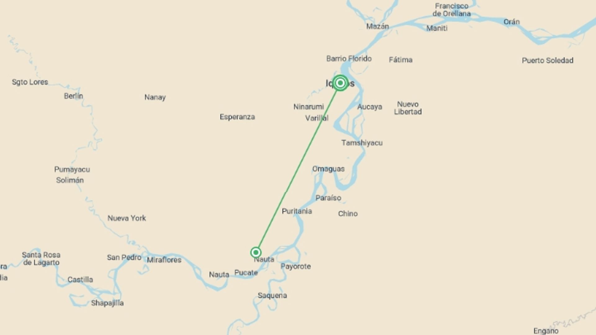 A map showing the tour itinerary for the trip: 4 Days Peruvian Amazon Cruise, starting in Nauta, Peru and ending in Lima, Peru going through 1 other destinations.