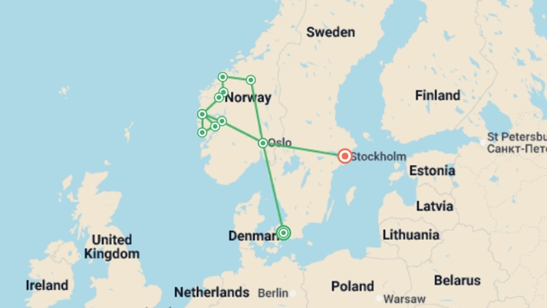 A map showing the tour itinerary for the trip: Norwegian Fjords With Copenhagen And Stockholm, starting in Copenhagen, Denmark and ending in Stockholm, Sweden going through 6 other destinations.