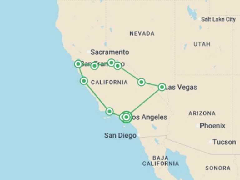 Map itinerary of USA Tour in February 2027 with 7 destination visits for the trip: California Panorama