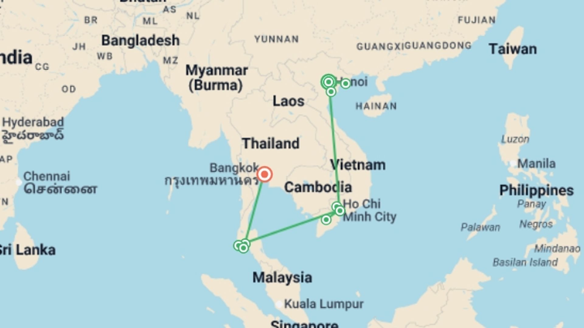 A map showing the tour itinerary for the trip: Highlights of Vietnam and Thailand, starting in Hanoi, Vietnam and ending in Bangkok, Thailand going through 5 other destinations.