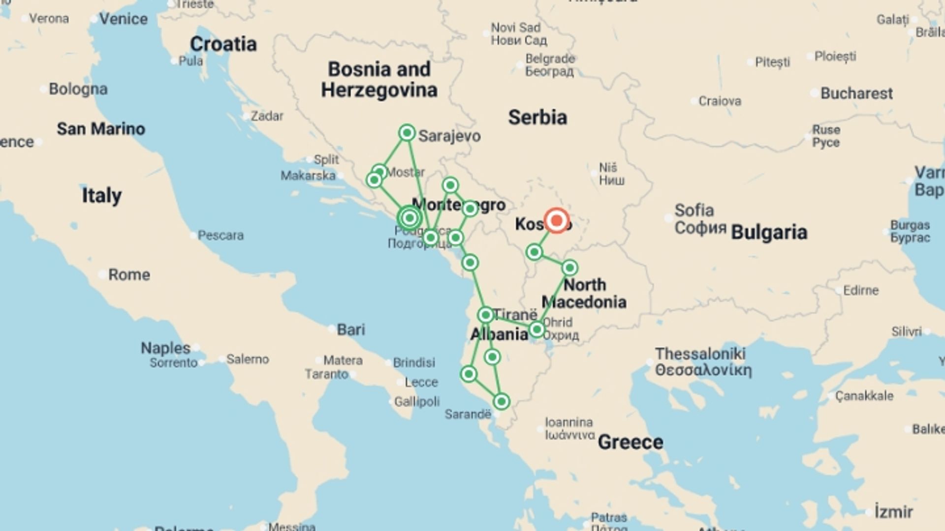 A map showing the tour itinerary for the trip: Classic Balkan Adventure:  Trebinje to Pristina, starting in Trebinje, Bosnia Herzegovina and ending in Pristina, Kosovo going through 15 other destinations.