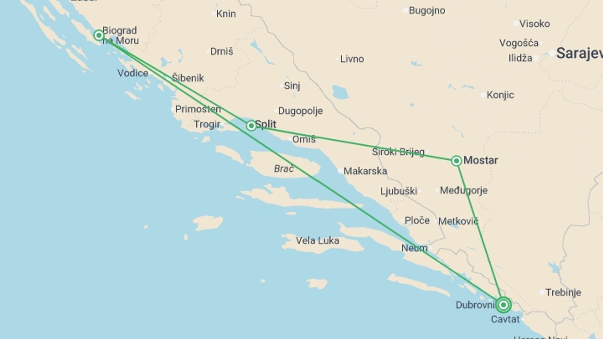 A map showing the tour itinerary for the trip: Discover Croatia And Bosnia, Self-drive (multi Country), starting in Dubrovnik, Croatia and ending in Dubrovnik, Croatia going through 3 other destinations.