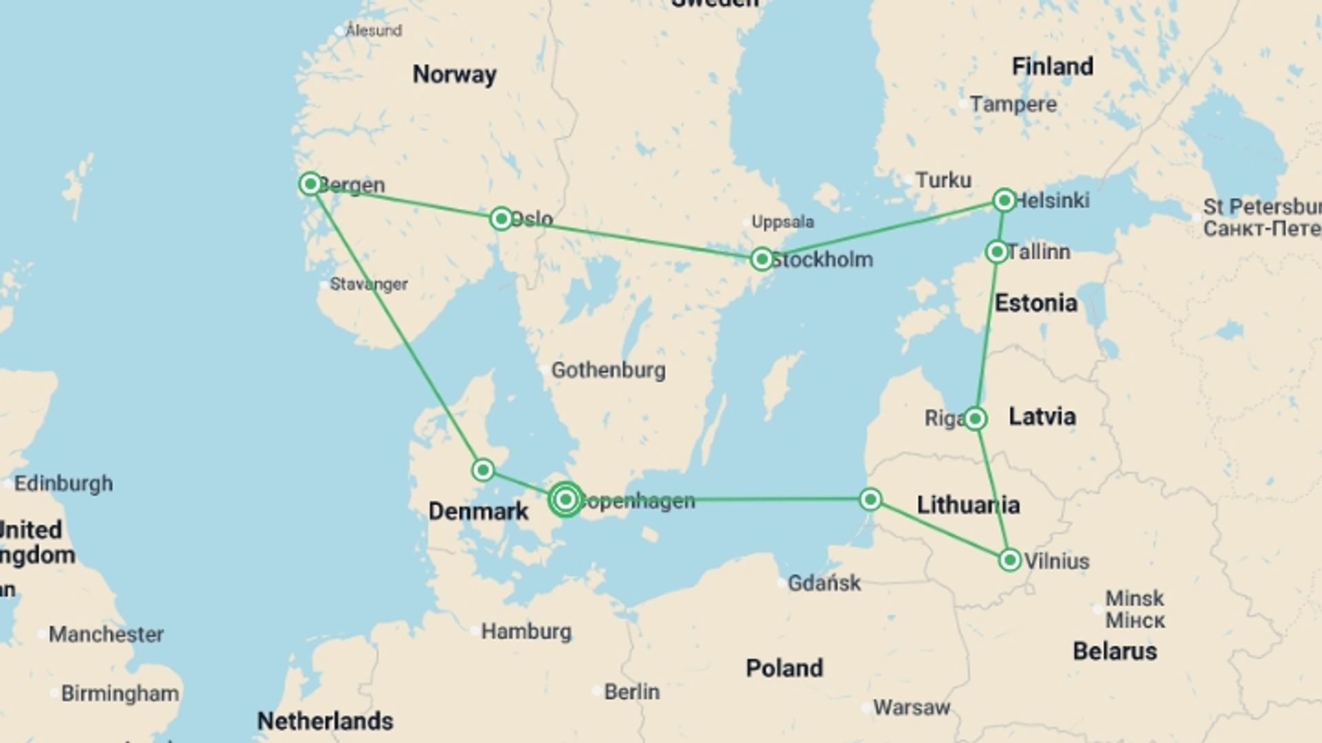 A map showing the tour itinerary for the trip: Ultimate Scandinavia & the Baltics, starting in Copenhagen, Denmark and ending in Copenhagen, Denmark going through 9 other destinations.