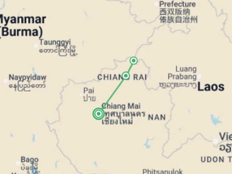 Map itinerary of Asia Tour in May 2027 with 2 destination visits for the trip: Chiang Mai To Chiang Rai, Small Group Tour
