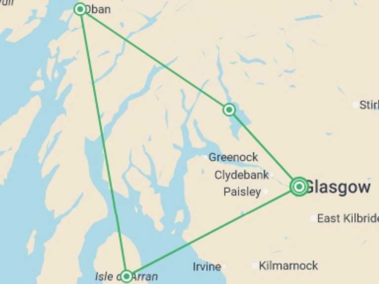 Map of UK and Britain Tour with 4 destination visits for the trip: Scotland: Lochs and Landscapes