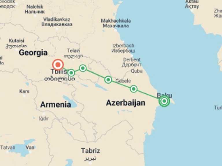 Map of Europe Tour with 6 destination visits for the trip: Highlights of Azerbaijan & Georgia