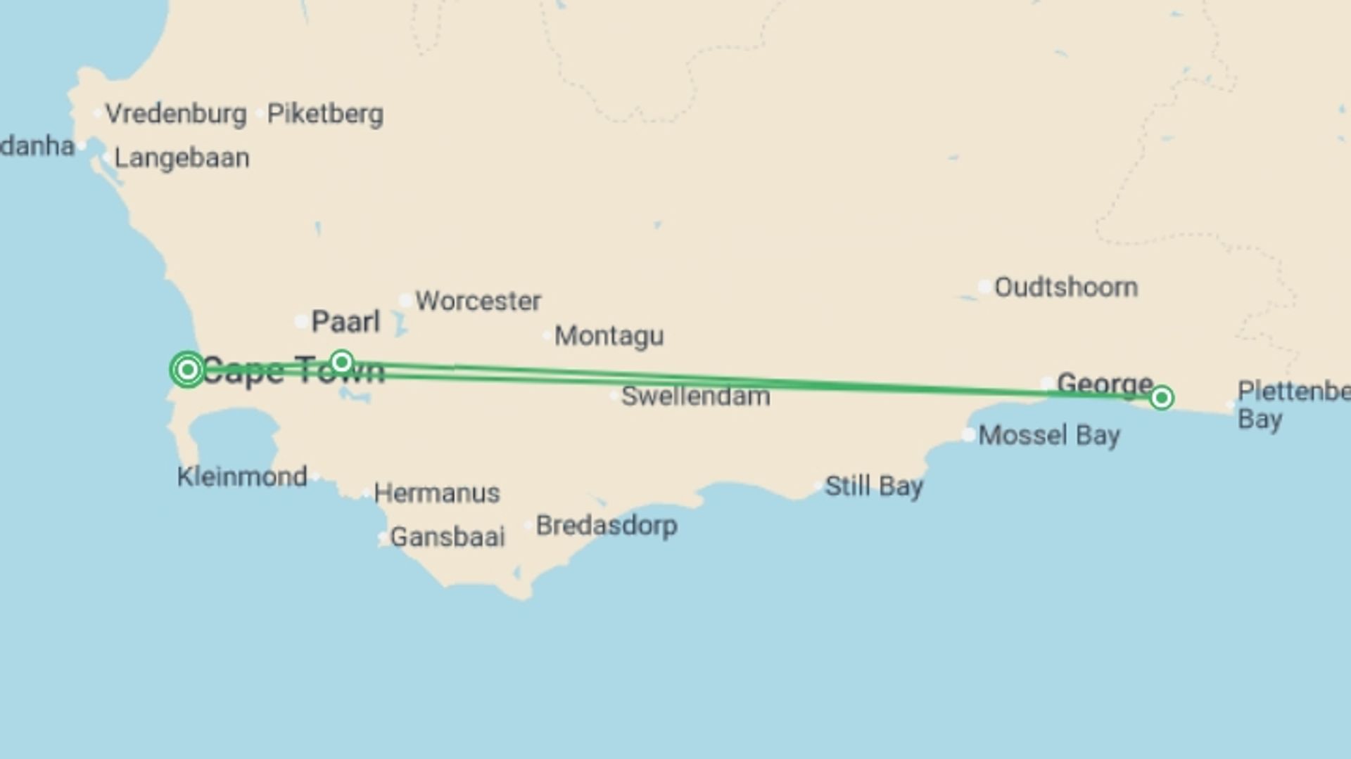 A map showing the tour itinerary for the trip: Premium Cape Town and the Garden Route, starting in Cape Town, South Africa and ending in Cape Town, South Africa going through 2 other destinations.